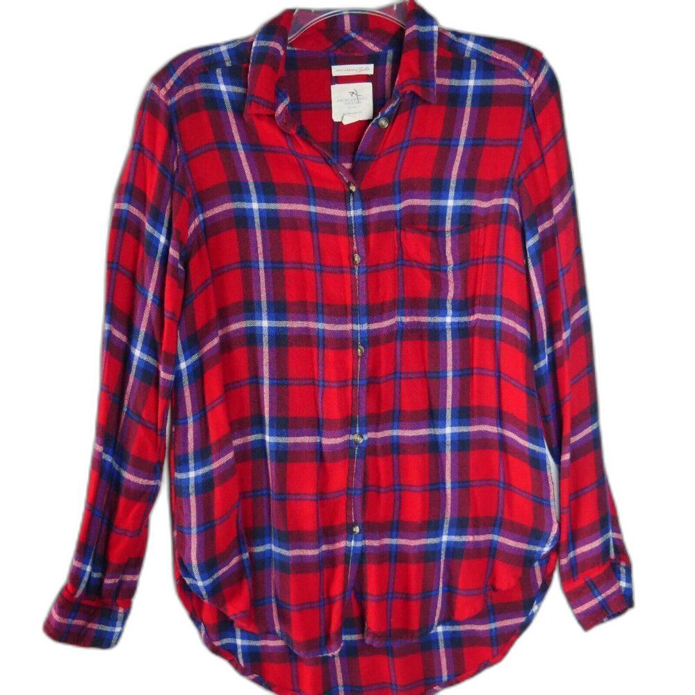 American Eagle Women's Size S Flannel Shirt Boyfriend Fit Soft Plaid Red